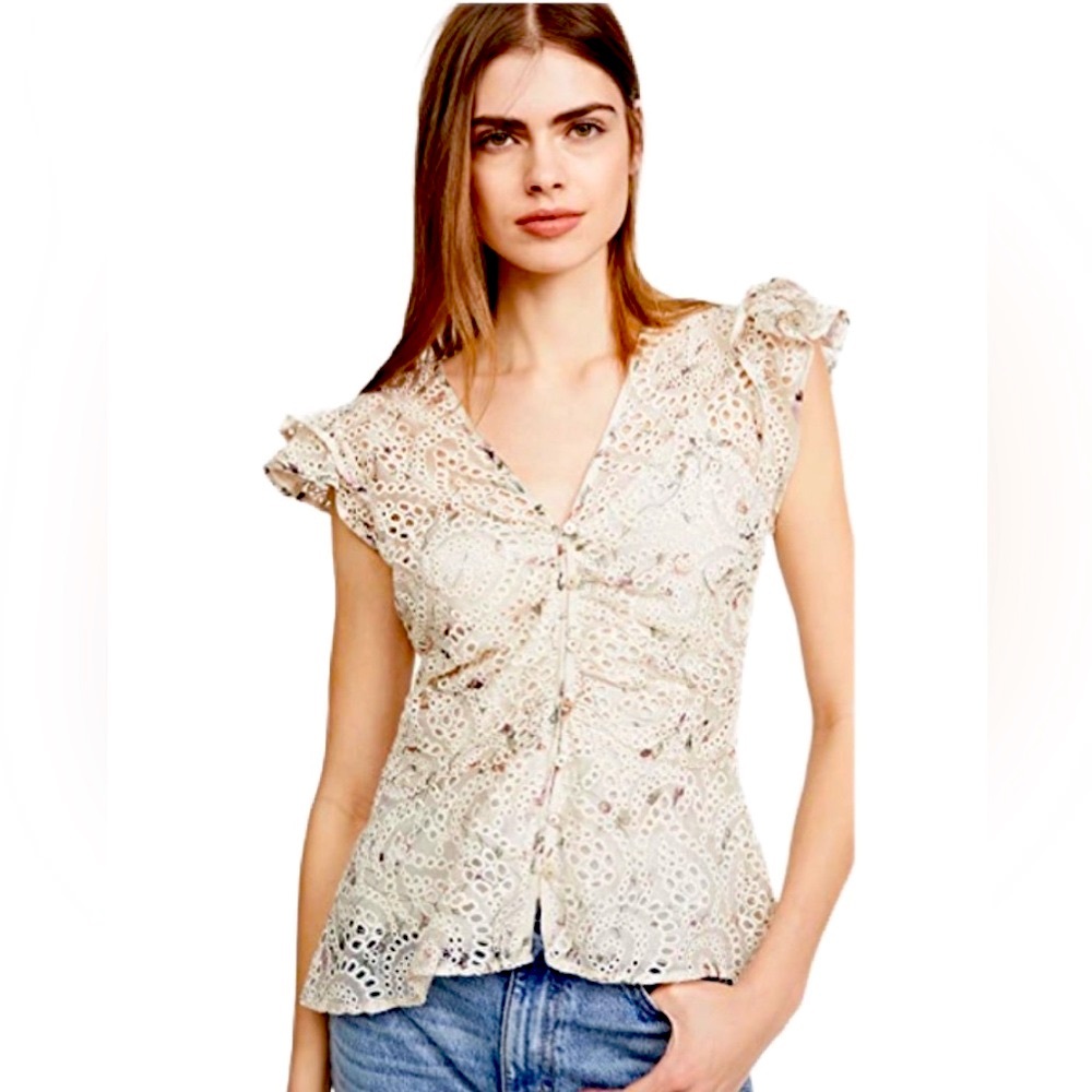 VERONICA BEARD Maryam Cream Multi Eyelet Chiffon Top Size 2